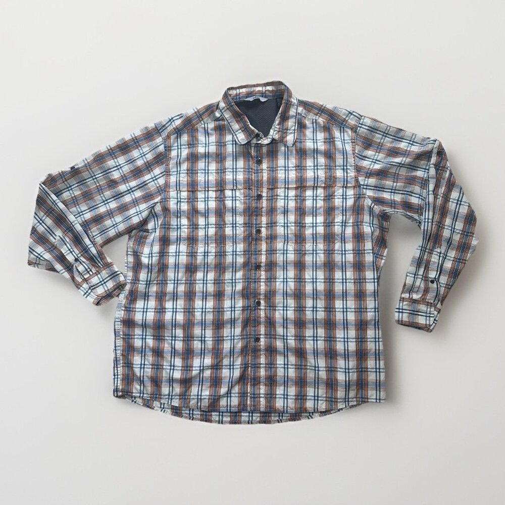 Wrangler Shirt Men’s XL Button Down Plaid Brown Blue White